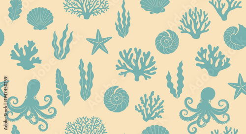 Marine Life Seamless Pattern Vector. Ocean Sea Coral, Starfish, Octopus, Shell, Seaweed Flat Art