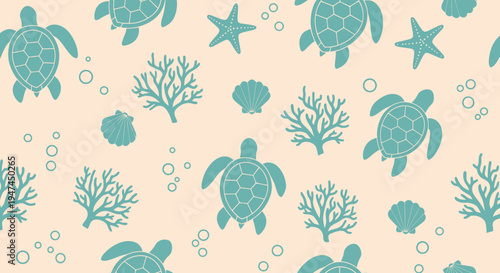 Ocean Marine Life Seamless Pattern with Flat Sea Turtles, Coral, Starfish, and Shells