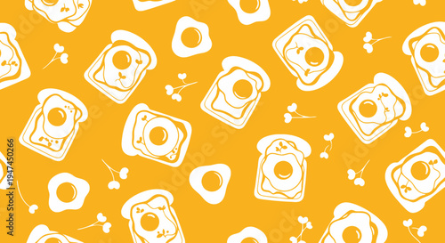 Food Industry Flat Illustration: Seamless Breakfast Pattern with Fried Eggs and Toast
