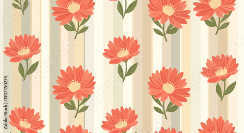 Flat Vector Seamless Floral Pattern for Textile  Decor with Orange Daisy Flowers