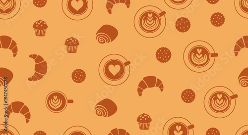 Food  Drink Flat Pattern: Coffee, Croissants, Muffins  Desserts Vector Illustration
