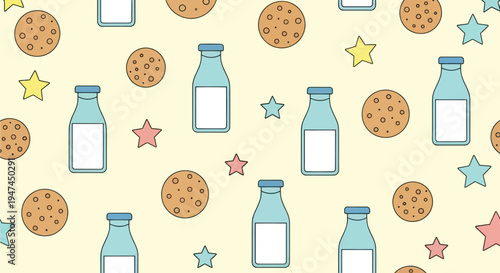 Flat Design Food  Drink Seamless Pattern with Milk Bottles and Chocolate Chip Cookies