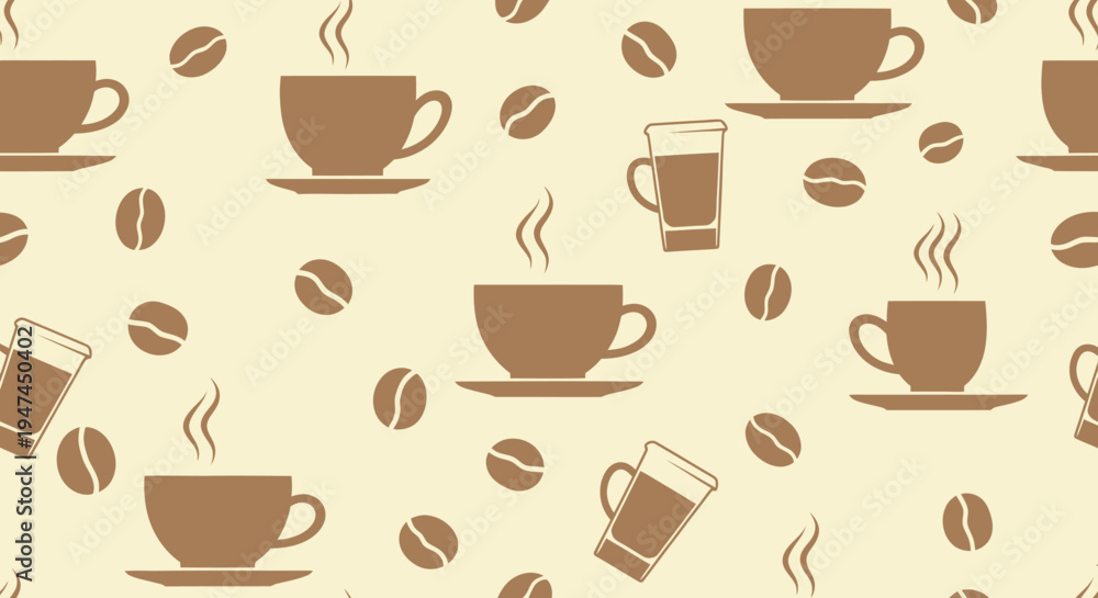 Obraz premium Flat Vector Food and Drink Coffee Pattern: Seamless Design with Steaming Cups, Mugs, Glasses, Beans