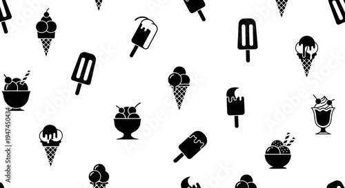 Food Industry Black  White Glyph Seamless Pattern with Various Ice Cream Desserts