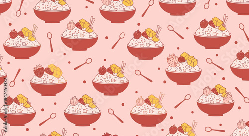 Flat Food Illustration: Delicious Shaved Ice Dessert Bowls with Fruit in Seamless Pattern