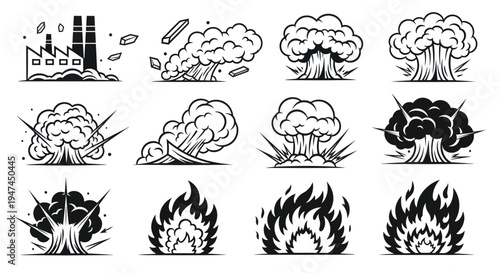Industrial Pollution, Explosion, and Fire Monochromatic Line Art Glyph Icons Set