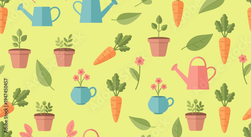 Flat Gardening Nature Seamless Pattern with Carrots, Potted Plants, Watering Cans