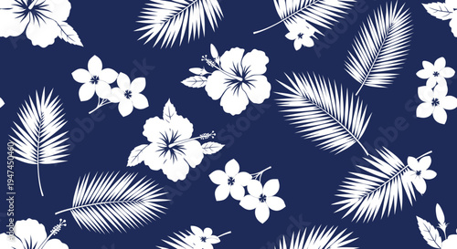 Tropical Summer Hibiscus and Palm Leaves Flat Vector Seamless Pattern