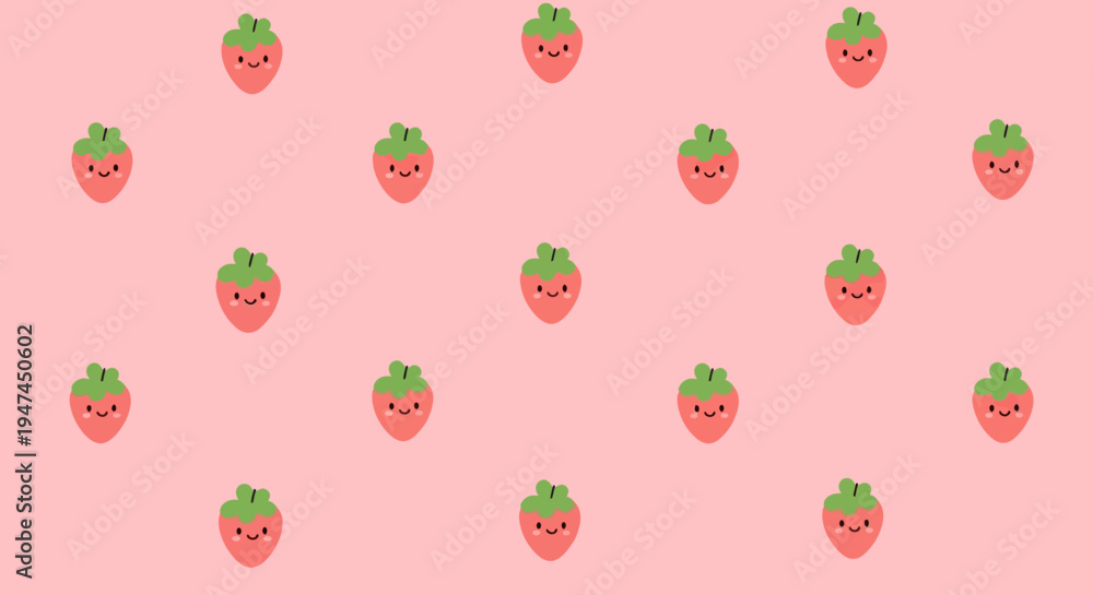 Fototapeta premium Cute Pink Food Pattern: Flat Design Smiling Strawberries for Sweet Lifestyle Background