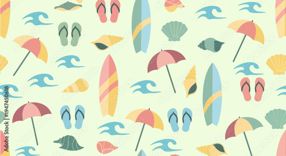 Fototapeta premium Flat Vector Seamless Summer Beach Vacation Pattern with Umbrellas, Surfboards, and Flip-Flops
