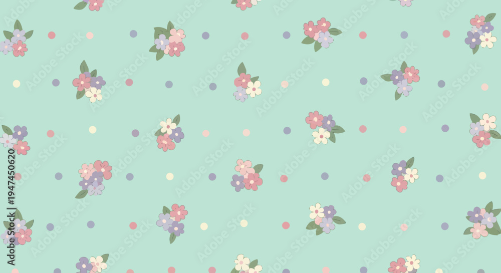 Fototapeta premium Pastel Flat Design Seamless Pattern with Cute Floral Bouquets and Polka Dots Illustration