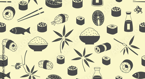 Japanese Food Monochrome Glyph Seamless Pattern with Sushi, Rice, Fish, and Chopsticks