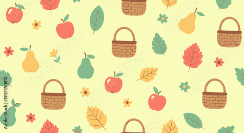 Cute Flat Autumn Harvest Seamless Pattern with Fruits, Leaves, and Baskets