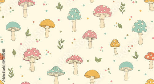 Whimsical Nature Hand-Drawn Cartoon Mushroom Seamless Pattern Vector Illustration