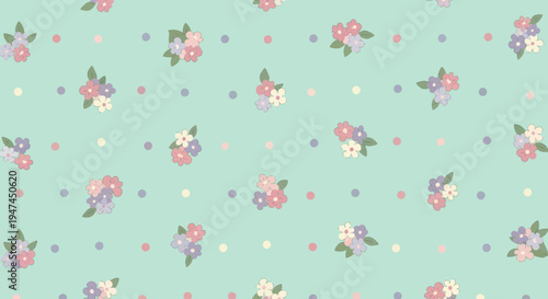 Pastel Flat Design Seamless Pattern with Cute Floral Bouquets and Polka Dots Illustration