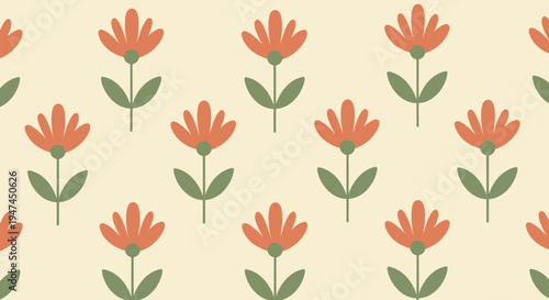 Flat Retro Floral Seamless Pattern. Cute Orange Flowers on Striped Background. Spring Vector Illustration