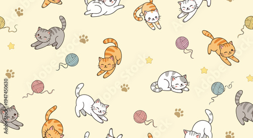 Cute Cartoon Cats Playing with Yarn - Seamless Pet Animal Pattern Background