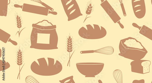 Baking Food Industry Flat Design Seamless Pattern with Bakery Ingredients and Tools