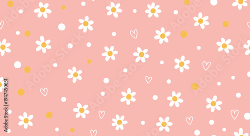 Cute Flat Daisy Flowers, Hearts, Polka Dots Seamless Pattern - Pink Decorative Vector Art