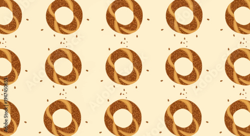 Food Bakery Flat Design Vector Pattern: Turkish Simit Bagels with Sesame Seeds