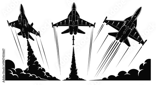 Dynamic Black  White Vector: Military Fighter Jets Taking Off with Rocket Launch