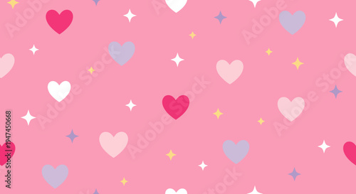 Pink Love Hearts and Stars Flat Vector Seamless Pattern for Romantic  Childhood Designs