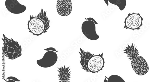 Healthy Food Tropical Fruits Glyph Seamless Pattern: Mango, Pineapple, Dragon Fruit