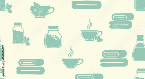 Spa Wellness Herbal Tea and Towel Flat Vector Seamless Pattern Background