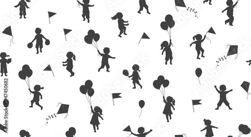Playful Childhood Silhouettes Seamless Pattern: Kids with Balloons, Kites, and Flags