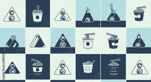 Modern Flat Line Art Asian Food  Fast Food Icons Set - Noodles, Onigiri, Sushi, Delivery