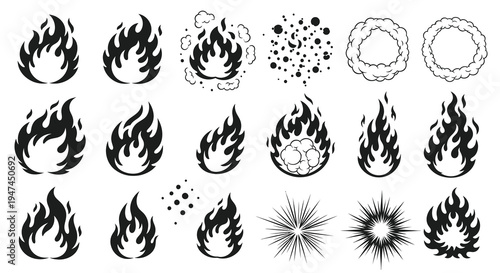 Abstract Fire, Flame, Smoke, and Explosion Black and White Glyph Icons Set