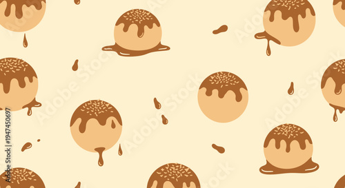 Food Dessert Flat Design Vector Seamless Pattern: Melting Chocolate Ice Cream Scoops  Sprinkles