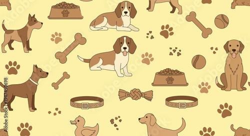 Pet Care Flat Vector Seamless Pattern with Cartoon Dogs, Bowls, Bones  Toys Illustration