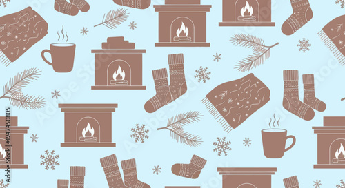 Winter Cozy Objects Flat Seamless Pattern: Fireplaces, Socks, Mugs, Blankets, Snowflakes
