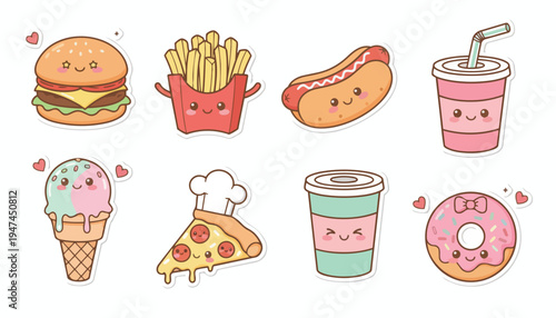 A delightful collection of kawaii-style fast food and dessert illustrations, featuring a burger, fries, hot dog, soda, ice cream, pizza, coffee, and donut.