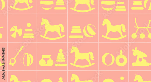 Flat Design Seamless Pattern of Yellow Baby and Children's Toy Silhouettes on Pink Background