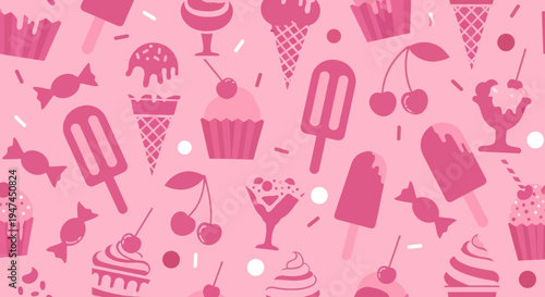 Sweet Food Desserts Flat Vector Seamless Pattern. Ice Cream, Cupcakes, Candy  Cherry Icons.