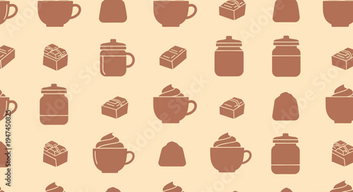 Food  Drink Flat Glyph Seamless Pattern: Coffee, Hot Chocolate, Jars, and Chocolate Candies