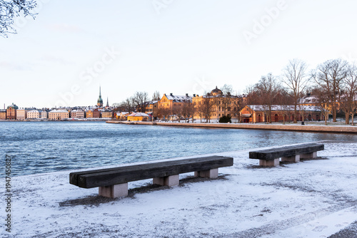 Photography Beautiful morning view of Stockholm from the waterfront area.