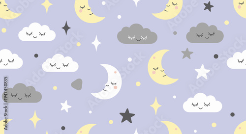 Cute Children's Sleepy Moon Cloud Star Pattern - Flat Cartoon Nursery Background