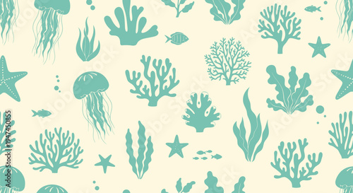 Flat Design Marine Life Seamless Pattern with Ocean Creatures and Coral Reef Elements - Vector Illustration