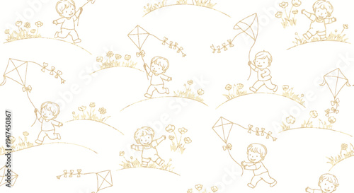Childhood Recreation: Happy Kids Flying Kites on Hills - Seamless Monochromatic Outline Line Art Pattern