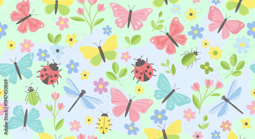 Nature Seamless Pattern with Flat Vector Spring Summer Insects and Flowers Illustration