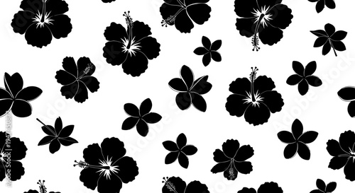 Black  White Seamless Pattern of Tropical Hibiscus Plumeria Flowers Silhouettes for Fashion  Textile Design