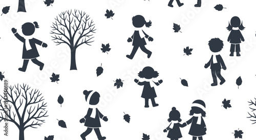 Seamless Pattern: Autumn Kids Lifestyle Silhouette with Bare Trees and Falling Leaves