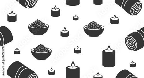 Wellness Spa Elements Glyph Pattern with Candles, Bowls, and Rolled Towels