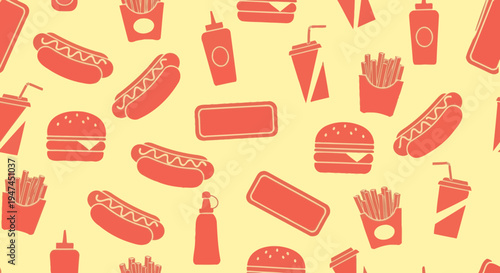 Fast Food Flat Icons Seamless Pattern - Hot Dogs, Burgers, Fries, Soda
