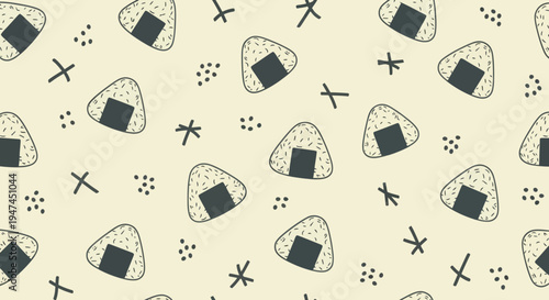 Cute Japanese Food Onigiri Pattern - Flat Doodle Style Rice Balls and Dots Background