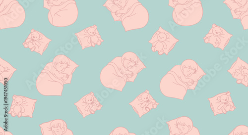 Parenting  Children Industry: Sleeping Babies  Teddy Bears Outline Vector Seamless Pattern