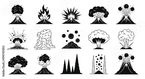Volcano Eruption Glyphs  Icons Set - Nature Disaster Geology Black and White Line Art